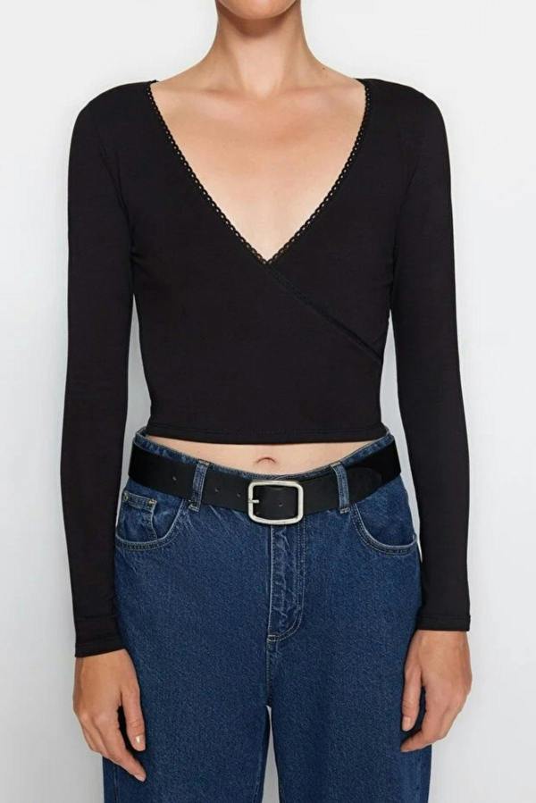 WOVCOR V-Neck Long Sleeve Crop Cotton Knit Blouse