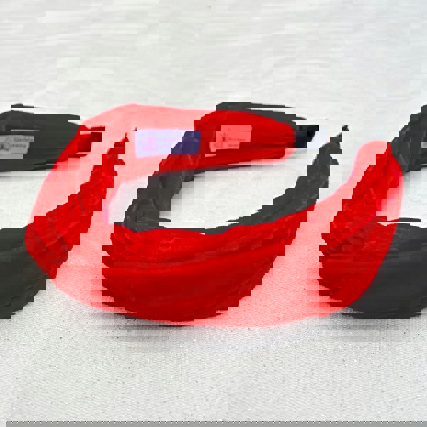 Red velvet headband, padded design, twisted knot detail, smooth fabric hair band, classic Alice band style
