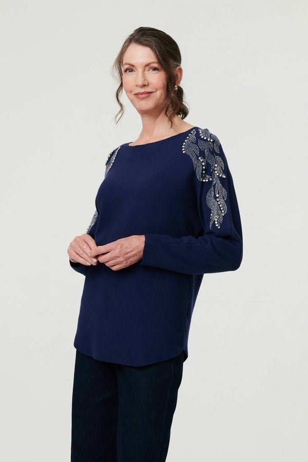 Navy | Sparkly Embellished Long Sleeve Knit Top