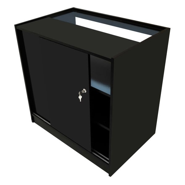 Sleek black Iris LED shop counter set with a glass top, sliding door, and open shelving for display and storage