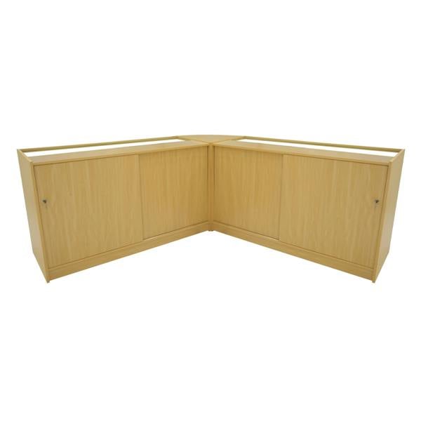 Hera LED Shop Counter Set in maple finish featuring a sleek, modern design with spacious storage cabinets and smooth surfaces