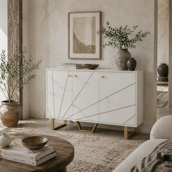 Wyld Haus Vekeba Coso 107cm White and Gold Marble Sideboard 3 Doors 2 Shelves