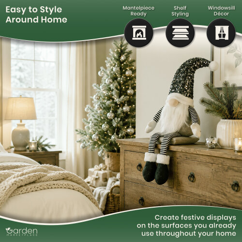 Large Grey Glam Christmas Gonk Figure, 75cm Sitting Decoration with Sparkly Sequined Hat, Soft Polyester Indoor Ornament