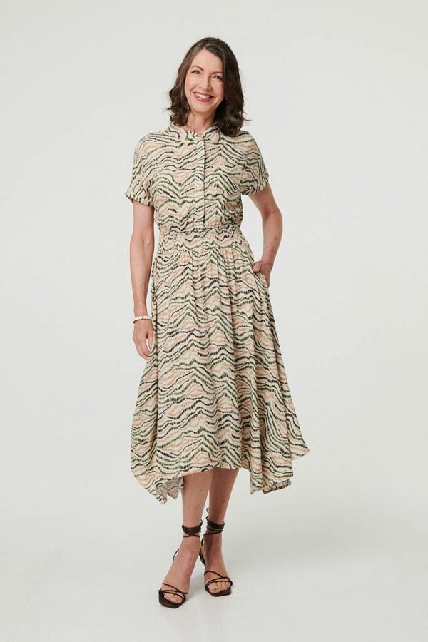 Green | Printed Short Sleeve Shirred Midi Dress
