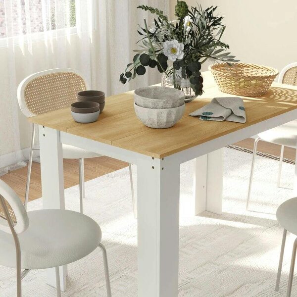Dining Table for 4-6 People, Kitchen Table with Wood Effect for Dining Room, Oak and White