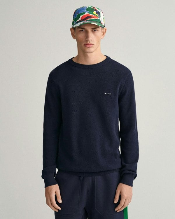 GANT Mens Cotton Pique Crew Neck Jumper - 433 Evening Blue
