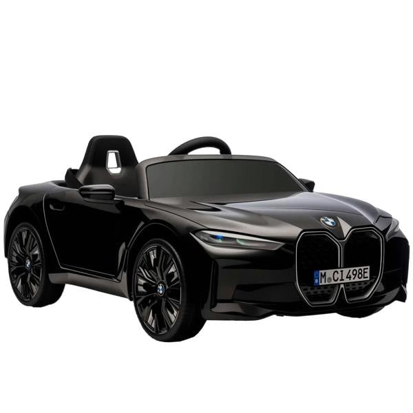 Black kids electric ride-on car with front LED lights and blue BMW emblem