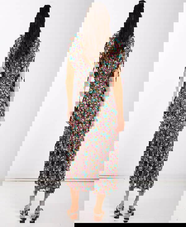 Multicoloured Floral Gathered Sleeve Midi Dress Back