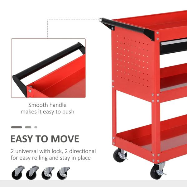 Red tool trolley cart with smooth black push handle bar and 4 swivel caster wheels