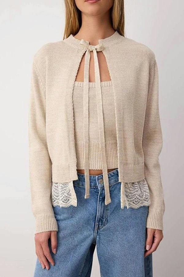 WOVCOR 2-Piece Lace-Edge Knit Cardigan-Blouse Set