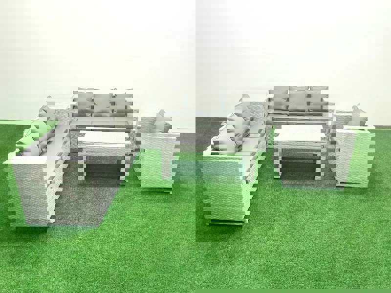 Fimous Wicker PE Rattan Sofa Garden Furniture Set with Oblong Coffee Table Armchair Side Table Light Grey Mixed