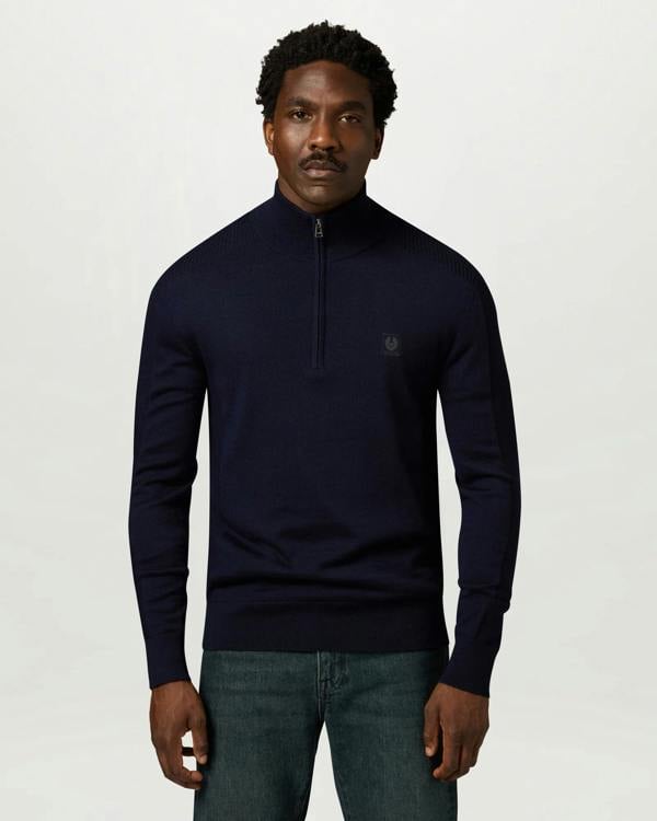 Belstaff Mens Colden Merino Quarter Zip Jumper - Dark Ink | CHO | Designer Mens Quarter Zip Jumpers
