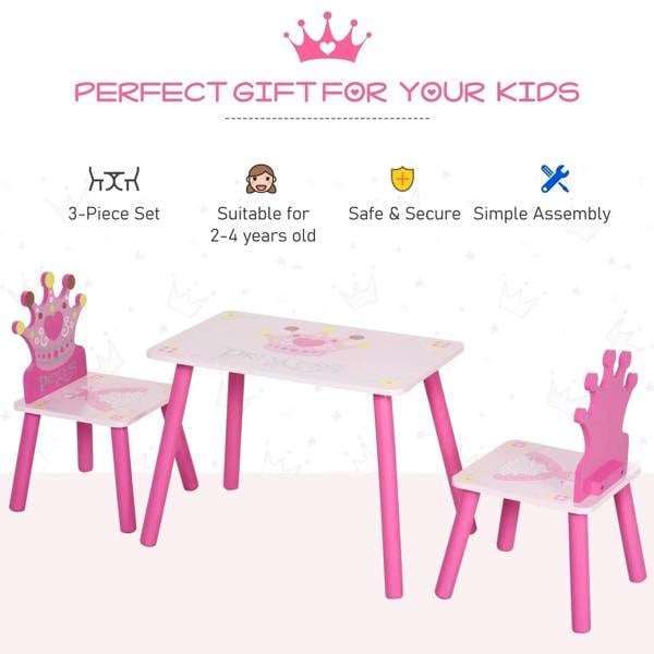 Princess-themed kids 3-piece table and chair set with crown graphics, pink frame