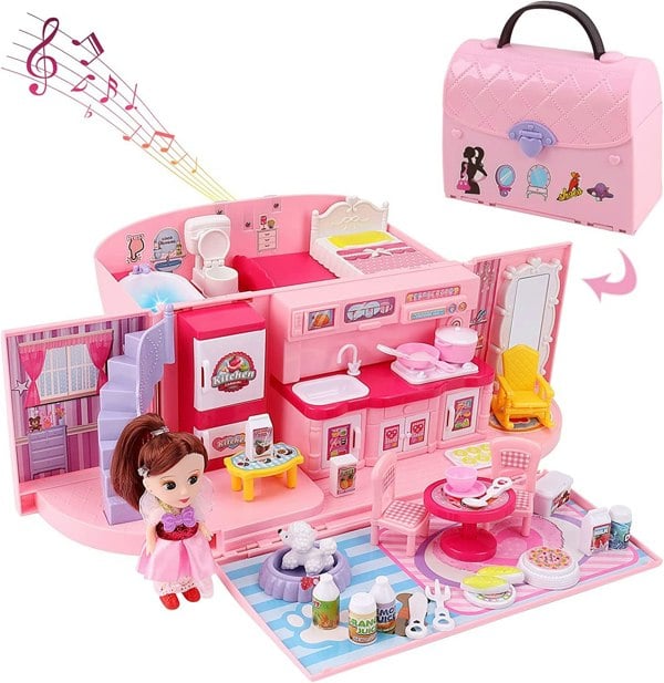deAO Toys Childrens 2-In-1 Pink Portable Doll House Play Set