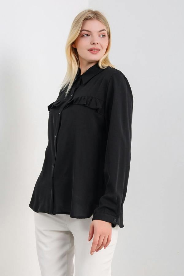 Hoxton Gal Oversized Frill Detailed Long Sleeves Blouse Shirt in Black