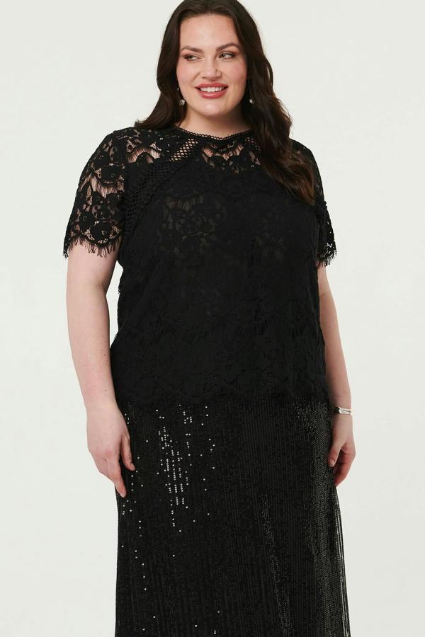 Black | Curve Sequin Layered Midi Skirt