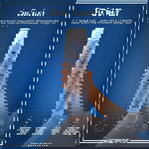 A water bottle is being held. Its flip top opens one-handed. The bottle features hydration time markers and is advertised as leakproof. The text reads: “One Touch,” “Flip top opens one-handed with a simple click,” “QUENCH RECYCLON™.”