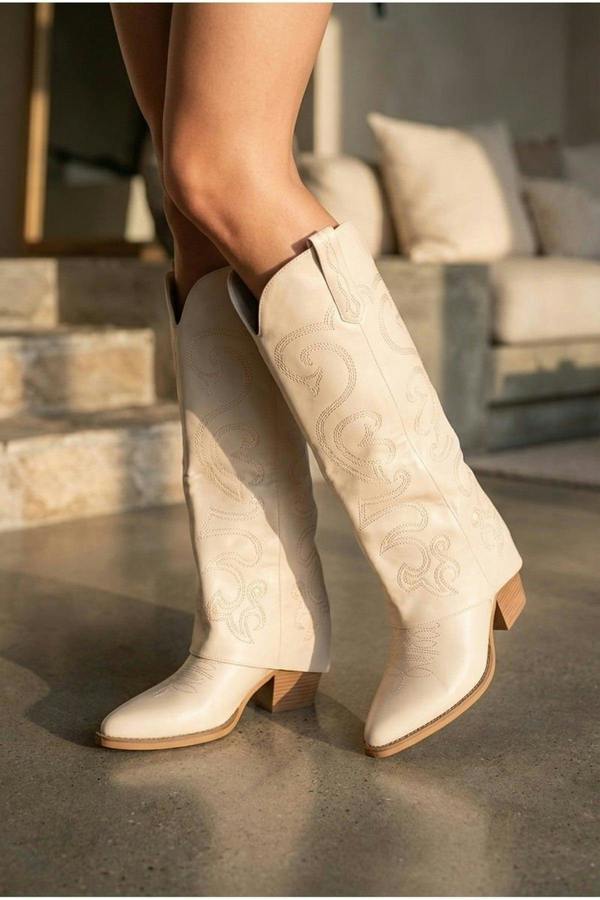 Ivy Womens Embroidered Western Cowboy Boots - Beige