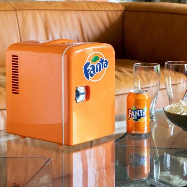 Coca-Cola Fanta 4L Mini Fridge Orange 6 Can Cooler Warmer for Bedroom, Office or Travel (12V Plug)