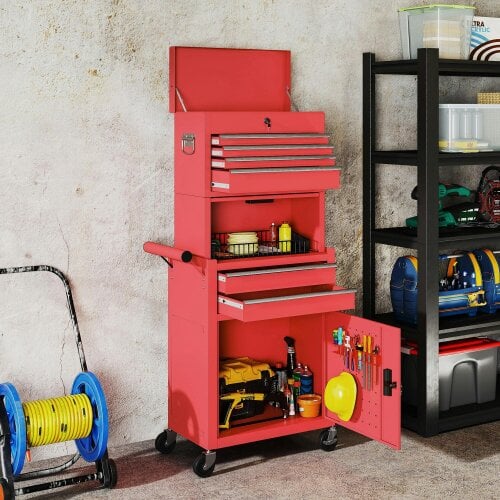 HOMCOM Tool Cabinet with 6 Drawers, 3-in-1 Rolling Tool Chest with Wheels - Red - 60.5L x 33.5W x 131H cm - Tool Cabinet