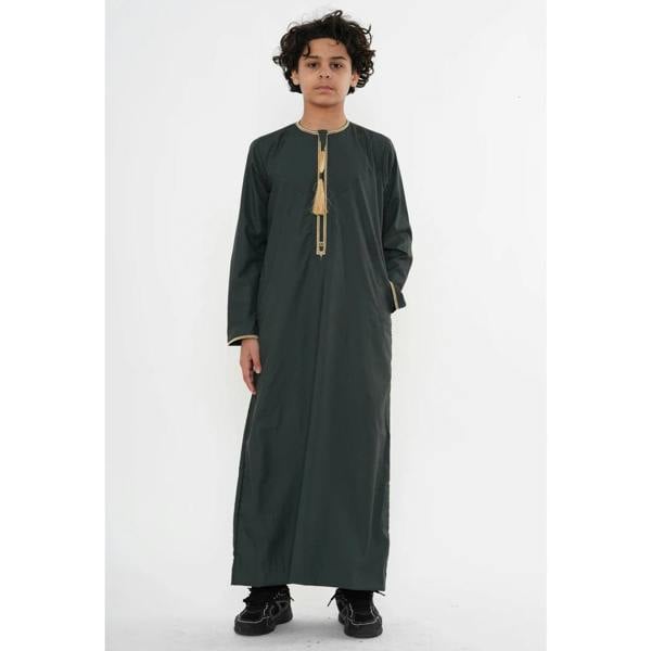 TT-003 - Boy's Emirati Omani Gold Tassel Embroidery Thobe - Green - Thobez - 19