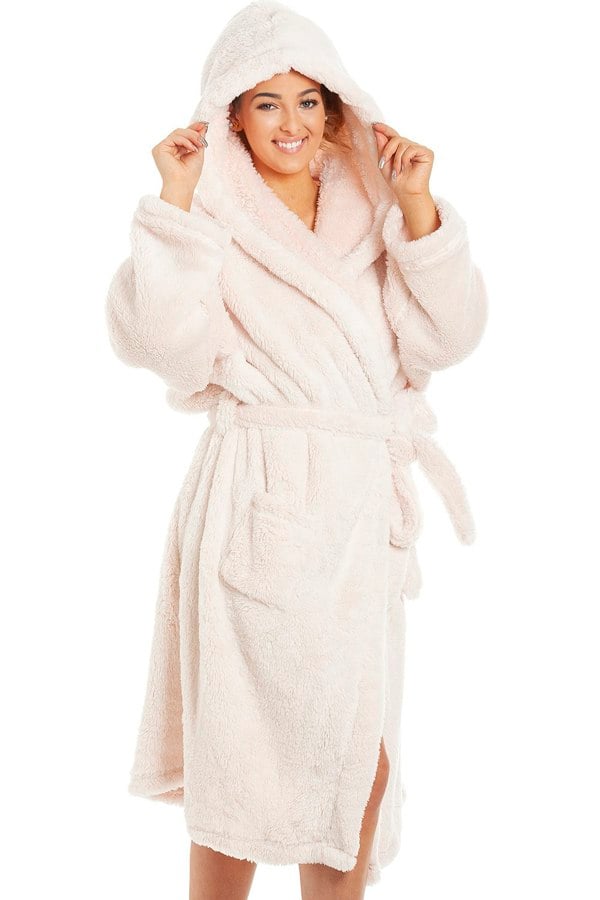 Camille Womens Pink Supersoft Fluffy Fleece Hooded Robes