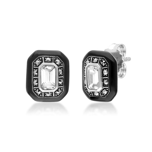 Gemondo Art Deco Inspired White Topaz & Marcasite Stud Earrings