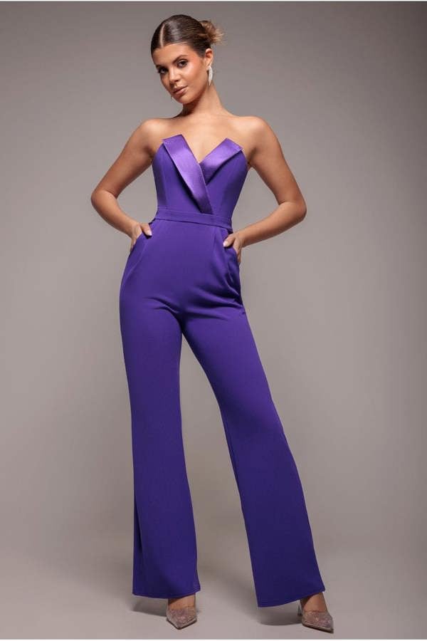 Satin Collar Scuba Jumpsuit - Purple TR299