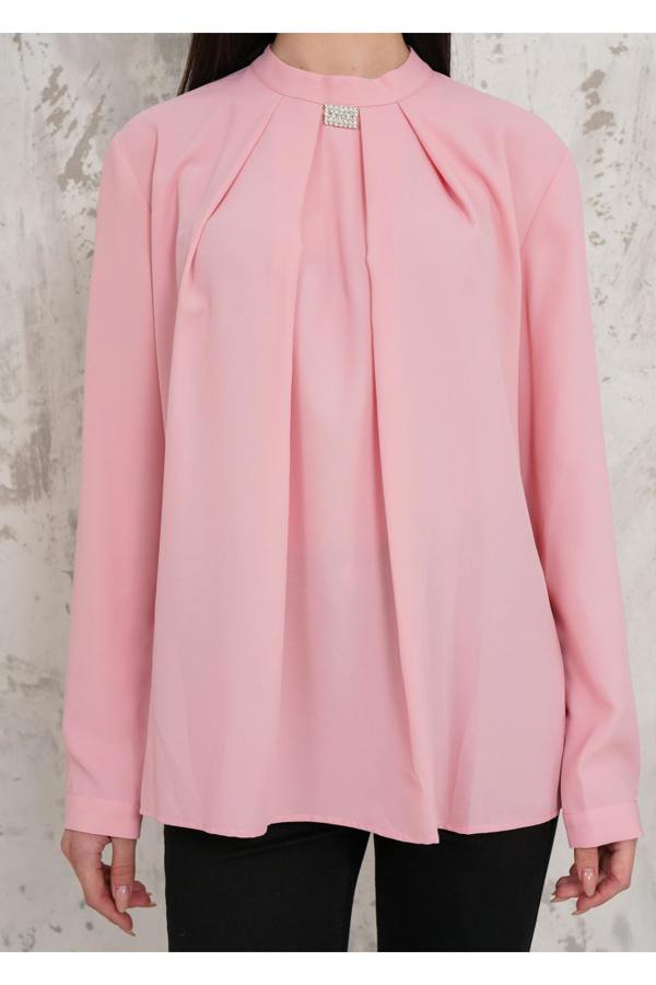 Hoxton Gal Oversized Long Sleeves Brooch Detailed Blouse in Pink