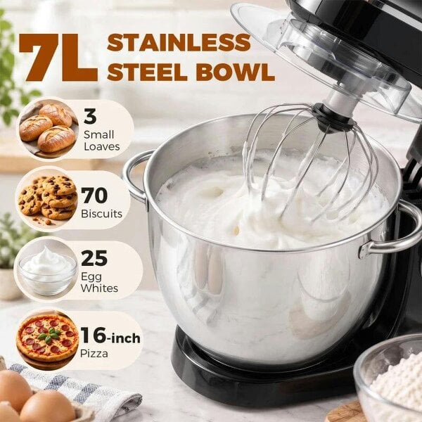 7 L 1400W 6-Speed Tilt-Head Food Mixer, Stand Mixer with Handle and Dough Hook, Black