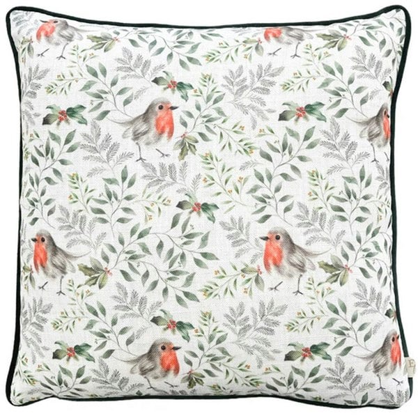 Evans Lichfield Festive Robin Cushion Cover - Bottle/White