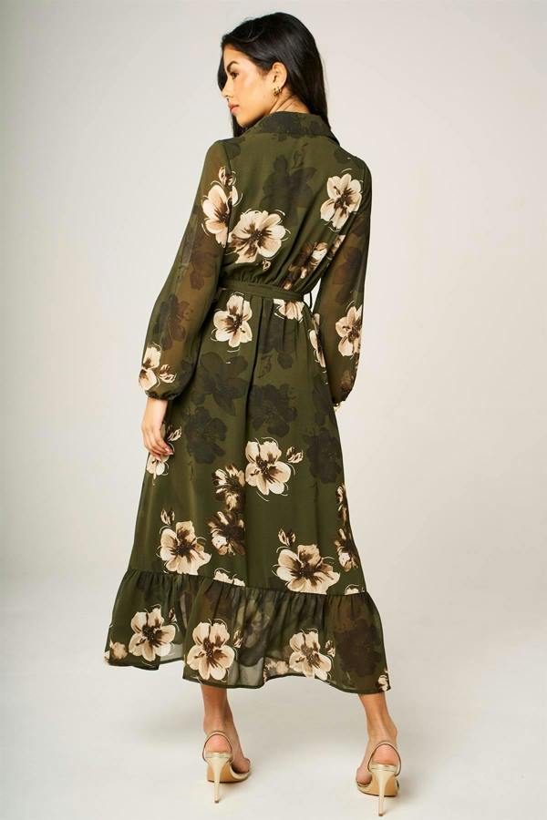 FS Collection Large Floral Print Hem Detail Shirt Midi Dress With Tie Waist In Olive Green