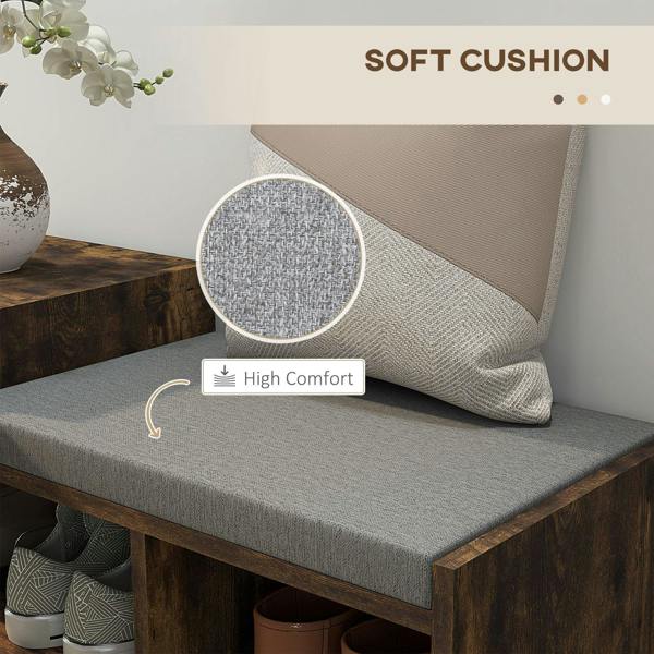 Gray upholstered seat on rustic brown shoe bench with high-comfort cushioning