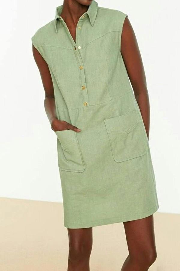 WOVCOR Straight Cut Shirt Collar Linen-Look Mini Woven Dress