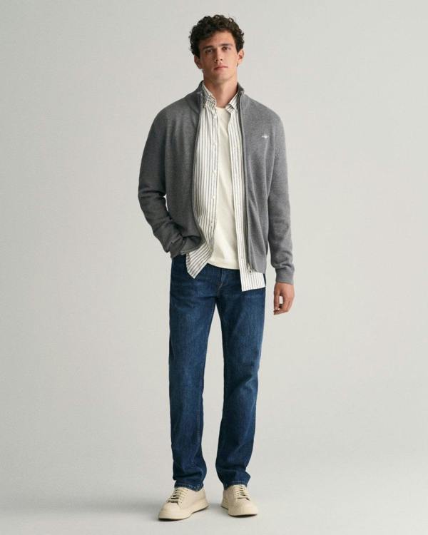 GANT Mens Casual Cotton Zip Cardigan - 92 Dark Grey Melange - CHO - Designer Mens Cardigans