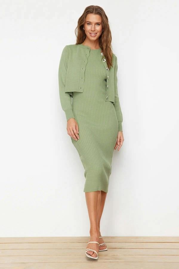 Hoxton Gal 2-Piece Midi Knit Basic Dress with Cardigan