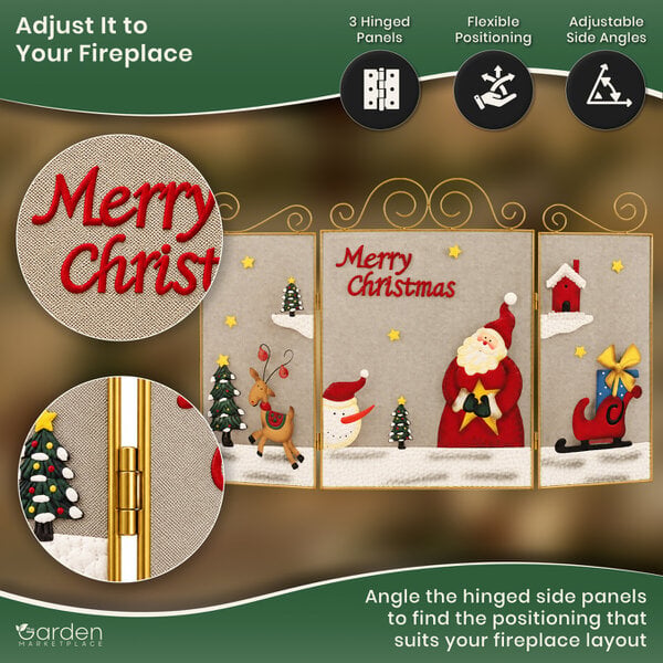 Merry Christmas Metal Fire Guard with Santa, Large 3 Panel Hinged Steel Fireplace Screen, Decorative Safety Guard or Cover, 98cm Wide x 69cm Tall