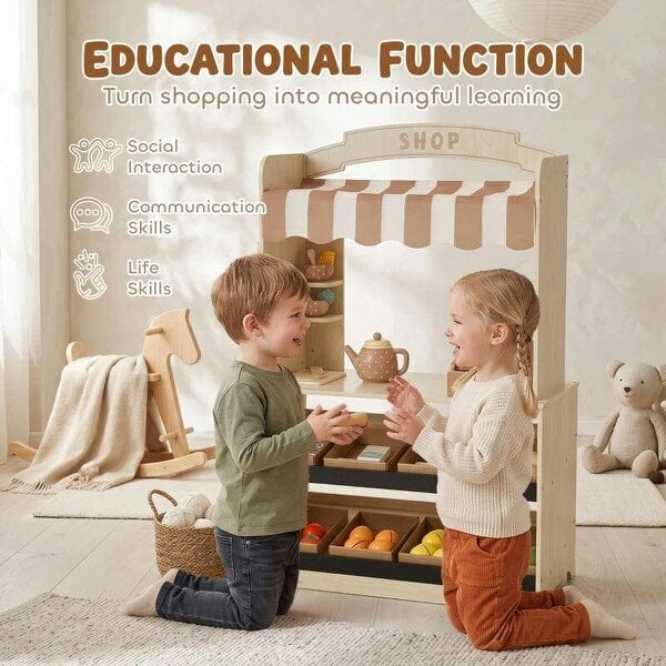 Bobobiy Pretend Play Shop, Wooden Kids Grocery Store Playset with Play Food, Cash Register, Chalkboard, 61 Accessories for 3-8