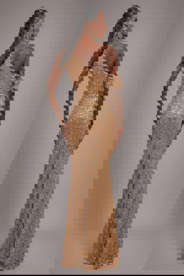Sequin Cowl One Shoulder Maxi Dress - Gold DR4020