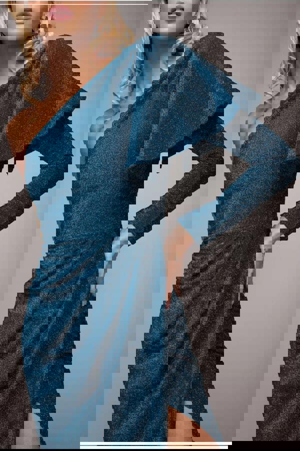 One Sleeve Frill Lurex Midi Dress - Blue DR3806