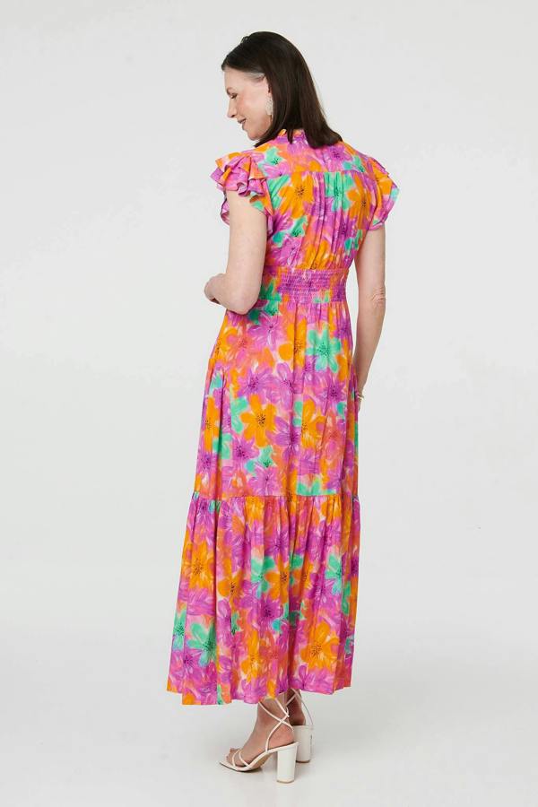 Red | Floral V-Neck Cap Sleeve Maxi Dress
