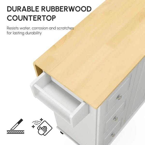 Light wood rubber countertop on a white kitchen island cart with open storage cabinet