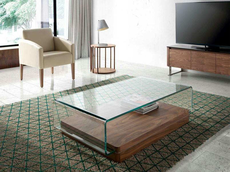 Angel Cerdá Rectangular tempered glass and walnut coffee table 2004