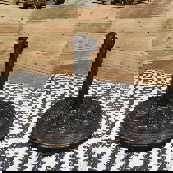 Samuel Alexander Outdoor 4 Person Round Glass Top Garden Dining Table Chairs With Beige Parasol and Base Set