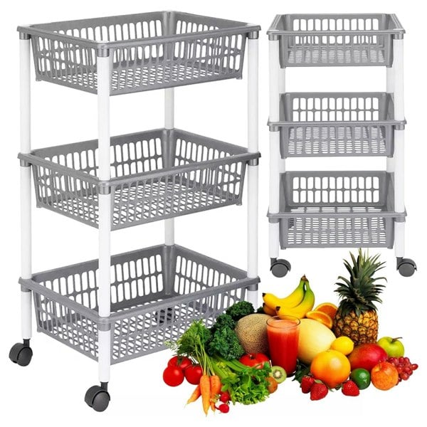 3 Tier Grey Vegetable Trolley Basket On Wheels Ideal For Kitchens
