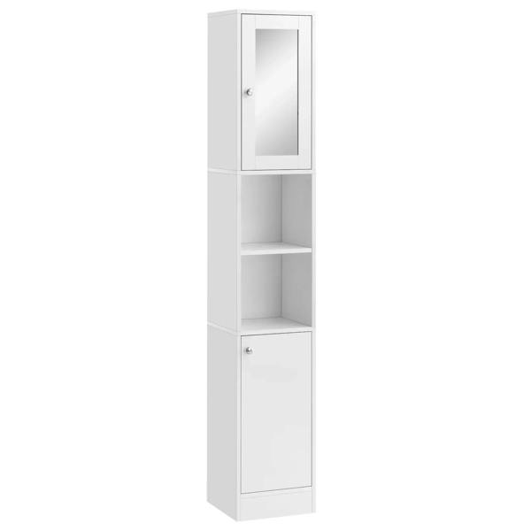White freestanding tall cabinet with top mirror compartment, open shelves, and bottom door