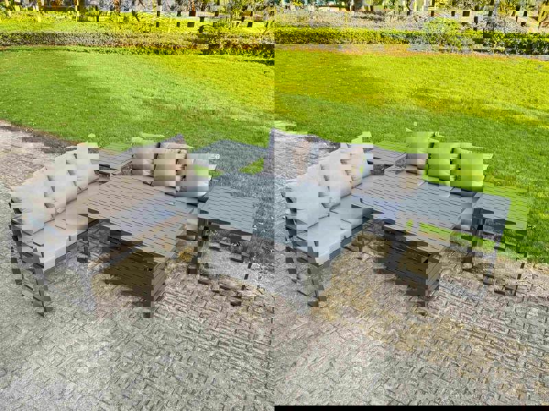 Fimous 6 Seater Aluminium Garden Furniture Set with Adjustable Rising Dining Table, 2 Sofas and 2 Side Tables - Dark Grey