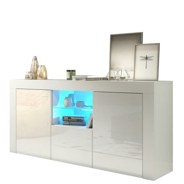 Mex Furniture Modern TV Unit Cabinet 145cm Stand & with White Gloss Doors & Free LED