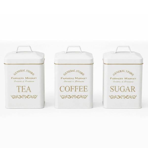 Maison des Cadeaux Vintage Farmhouse 4 Piece White Bread Bin & Canister Set