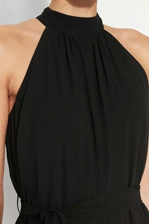 WOVCOR Belted Maxi Chiffon Lined Woven Jumpsuit